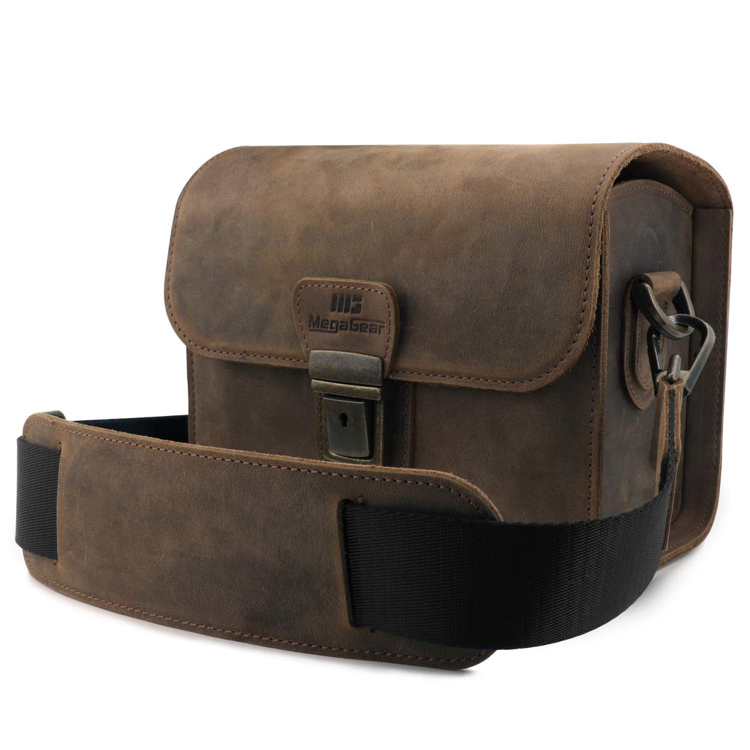 MegaGear Pebble Kameratasche - Kuriertasche aus echtem Leder für Spiegellose, Sofortbild- und DSLR K
