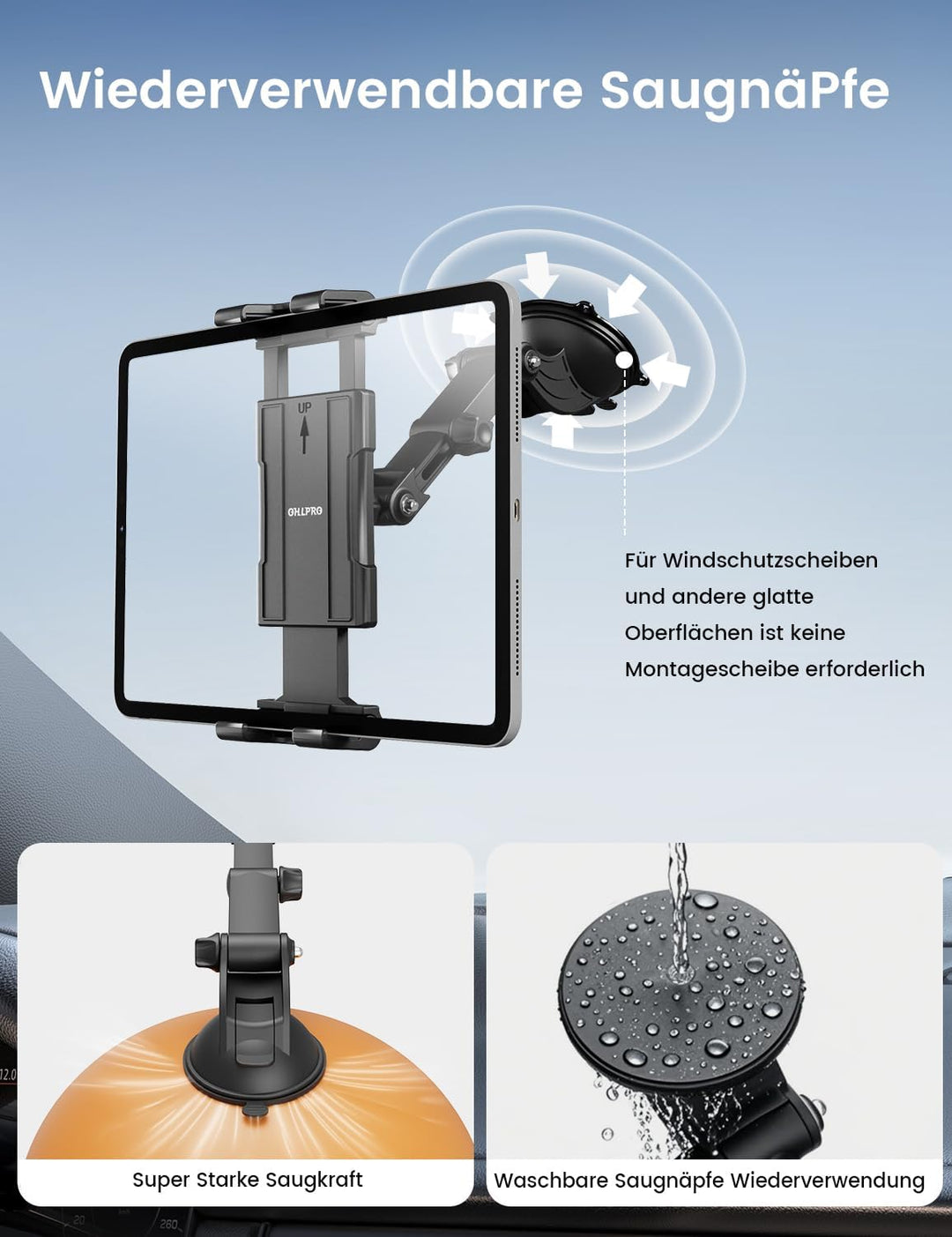 OHLPRO Tablet Halterung Auto,360° Drehung Tablethalterungen 18cm Ausziehbare Arm+ Waschbar Saugnapf,