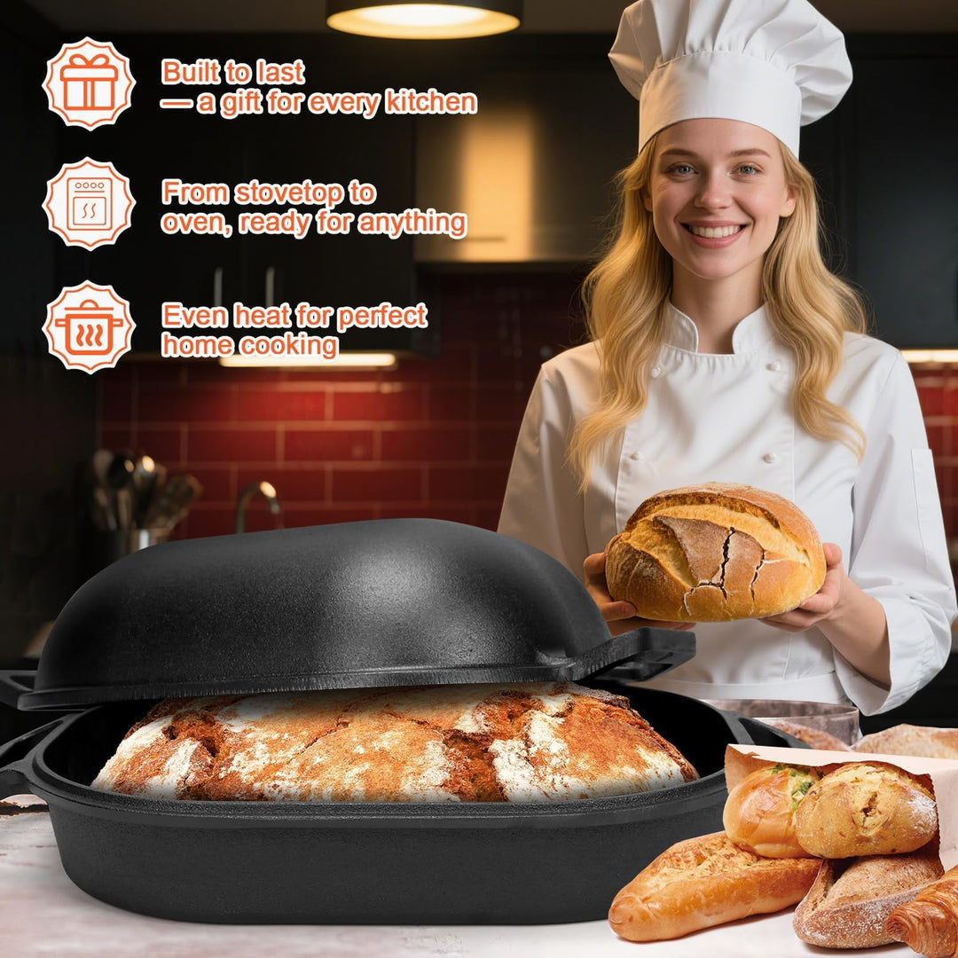 GFTIME Gusseisen Topf 40cm Brot Backen, Brotbackform mit Deckel - Robuste Brotbackform mit Deckel -