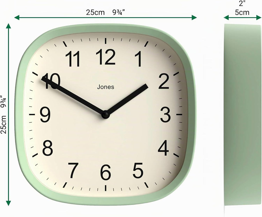 JONES CLOCKS Quadratische Retro-Wanduhr aus hochwertigem Acryl, 'Sprite' in Mintgrün, 25 x 25 x 5 cm