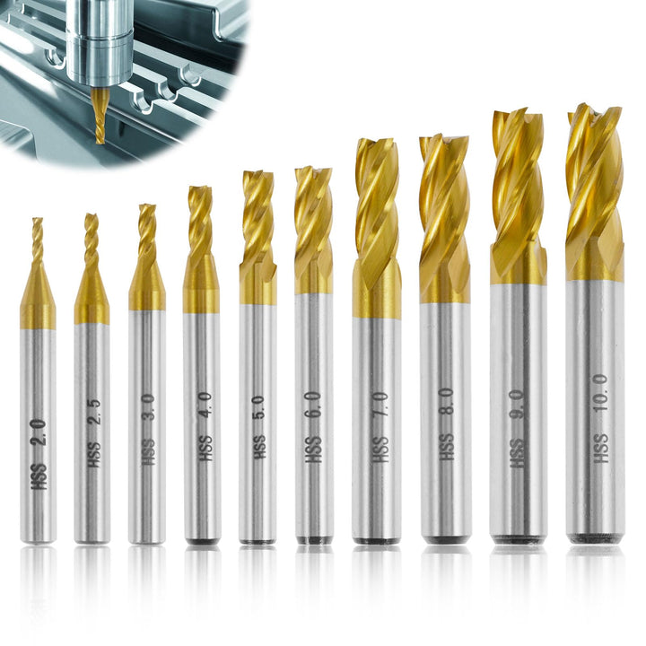 10 Stück HSS Hartmetall Schaftfräser Satz 4 Flöten Titan VHM Schaftfräser Set 2-10 mm VHM Fräser CNC