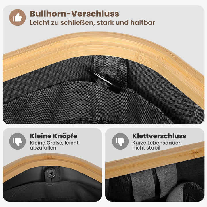 OUSFOT Wäschekorb mit Deckel 105L, Wäschesammler mit Griffen aus Bambus, Laundry Basket Wasserdicht
