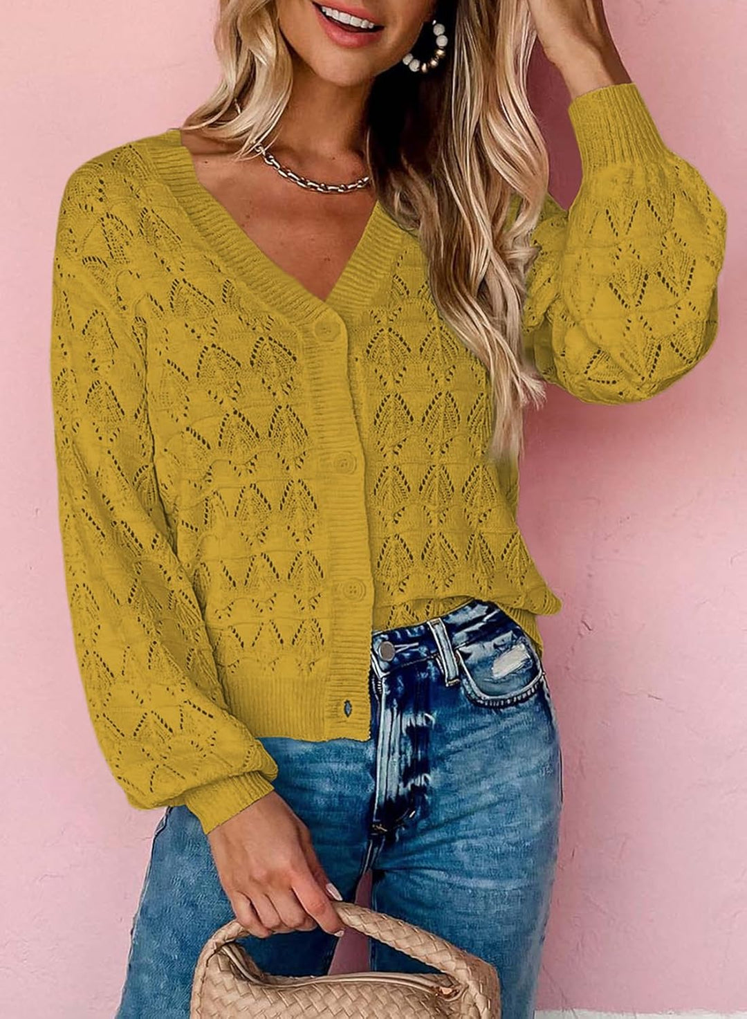 Dokotoo Damen Strickjacke V-Ausschnitt Kurzer Cardigan Elegant Langarm Leichter Strickpullover mit K