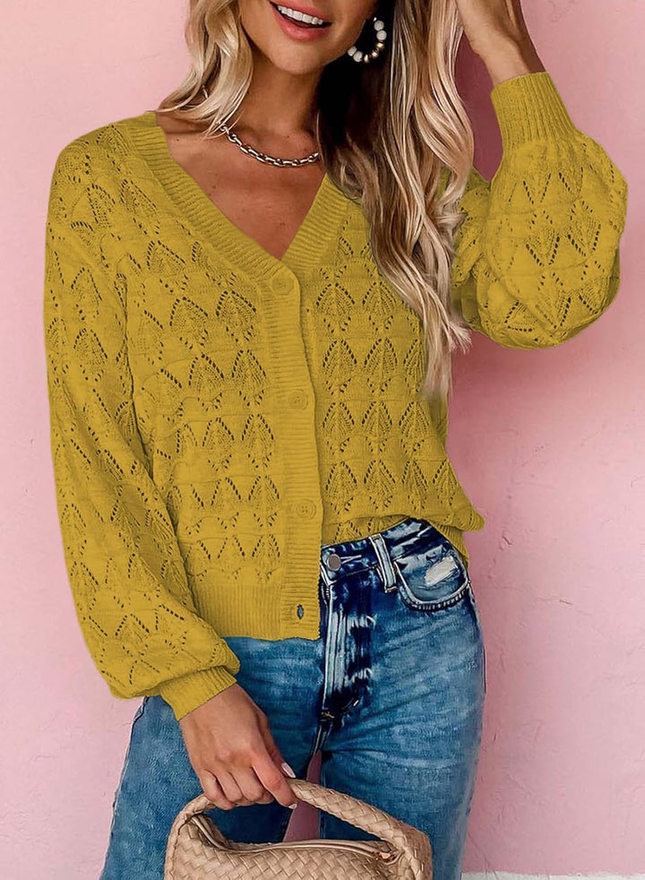 Dokotoo Damen Strickjacke V-Ausschnitt Kurzer Cardigan Elegant Langarm Leichter Strickpullover mit K