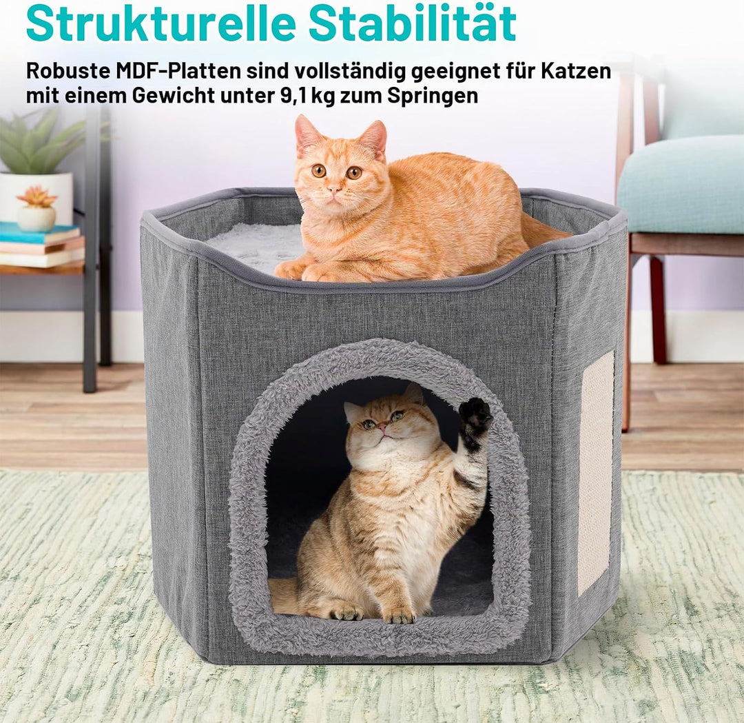 Faltbares Katzenhaus Indoor grosse Katzen mit 2 abnehmbaren Kissen und Kratzbrett Katzenhaus Höhle f