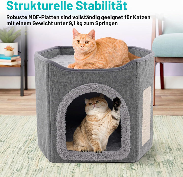 Faltbares Katzenhaus Indoor grosse Katzen mit 2 abnehmbaren Kissen und Kratzbrett Katzenhaus Höhle f