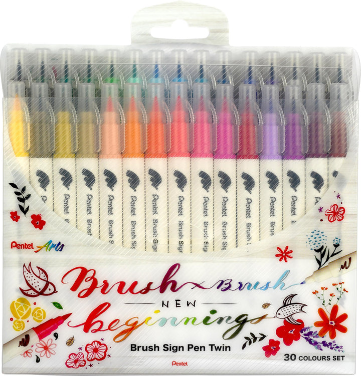Pentel SESW30C-30 Brush Sign Pen Twin, 30-Farben-Set, Fasermaler mit zwei flexiblen Schreibspitzen,