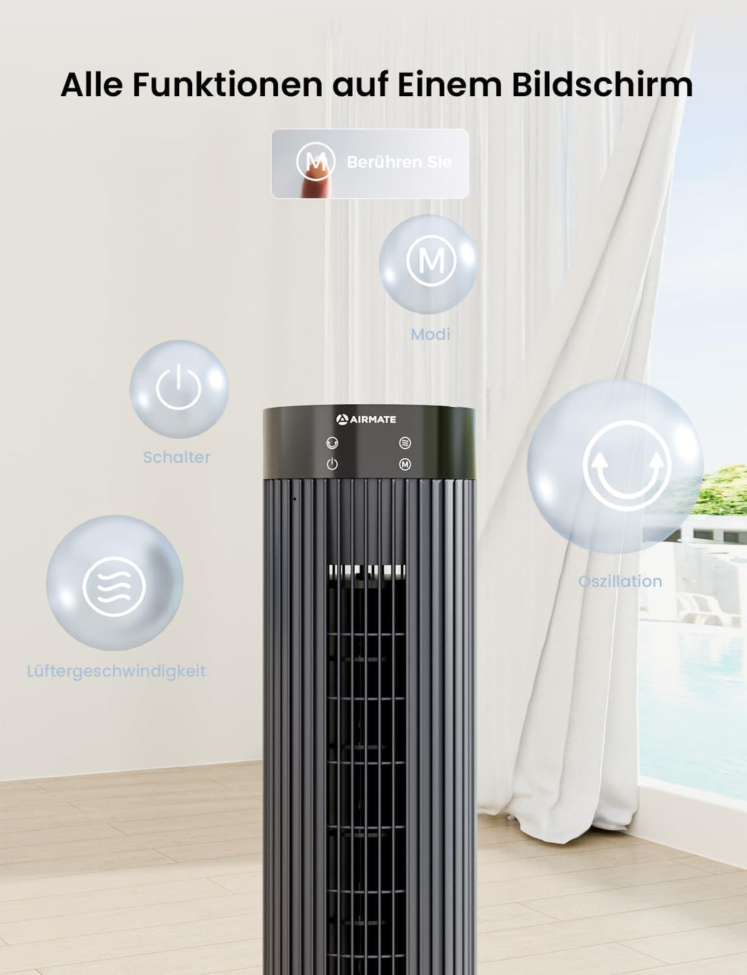 AIRMATE Turmventilator, 12 Geschwindigstufen Ventilator mit Fernbedienung 10m/s Geschwindigkeit, 110