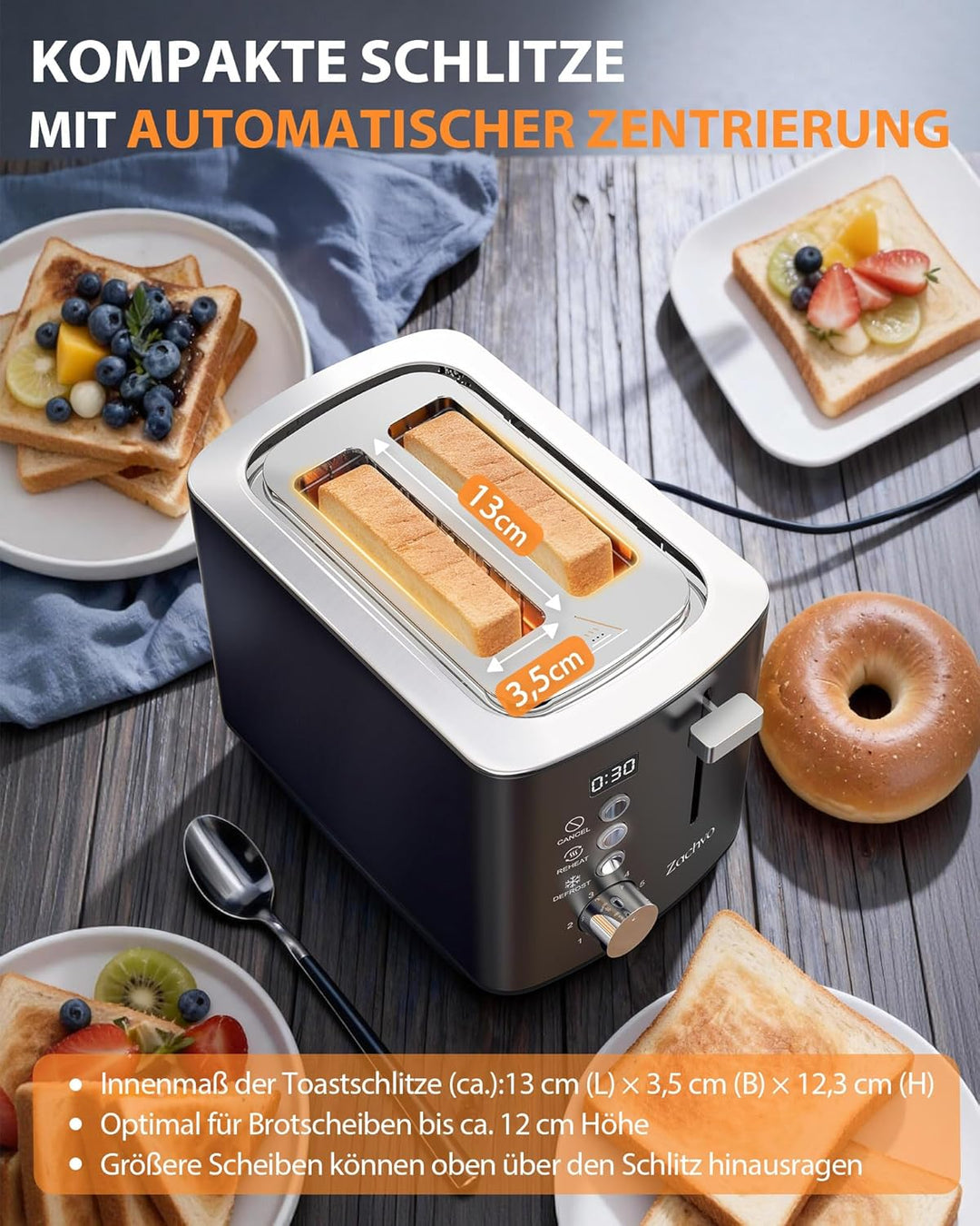 Edelstahl 2 Scheiben Toaster mit LED-Countdown & Brötchenaufsatz, extra breite 3,5 cm Schlitze für T