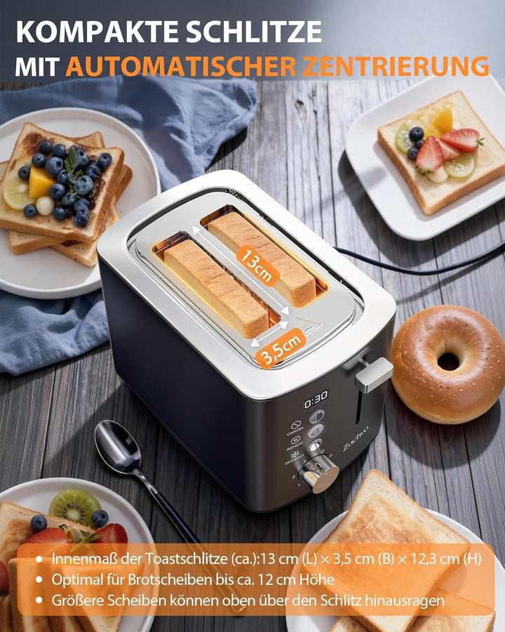 Edelstahl 2 Scheiben Toaster mit LED-Countdown & Brötchenaufsatz, extra breite 3,5 cm Schlitze für T