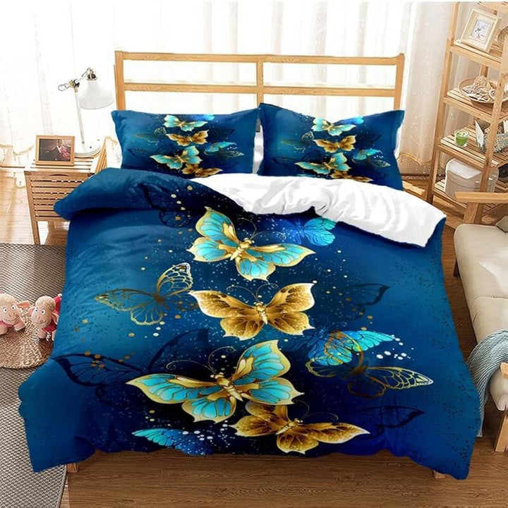 Goldener Schmetterling bettbezug,Blauer,Lila,Buntes Fantasie Schmetterling bettbezug,3D Schmetterlin