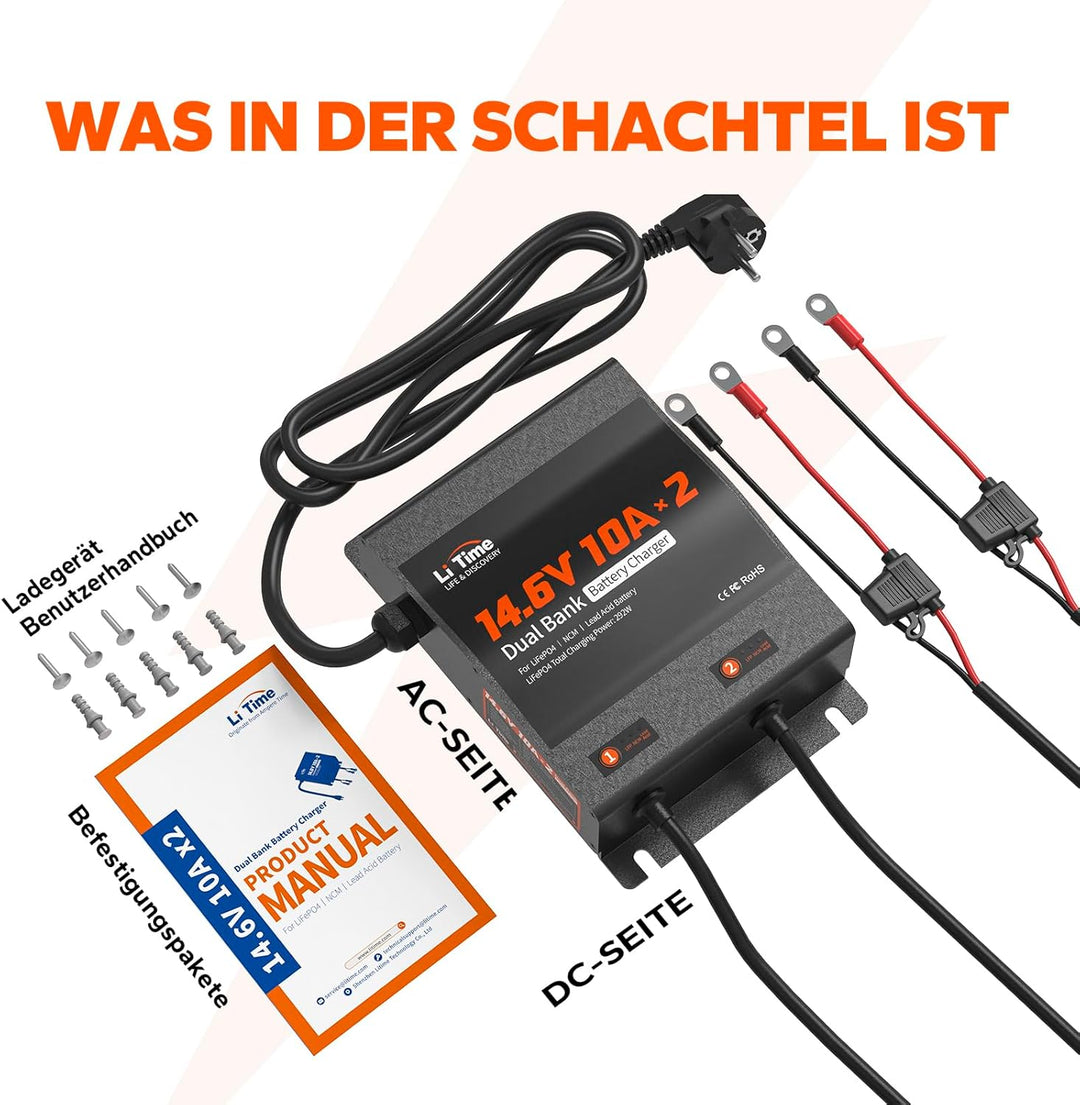 LiTime 2-Bank 14.6V 10A Batterieladegerät IP67 Wasserdicht 12V10A 2-Bank Wasserdicht, 12V10A 2-Bank