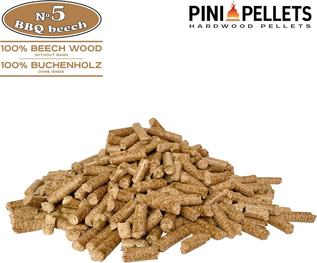 PINI Hartholz Pellets 100% Buche №5 BBQ Beech 10 Kg Grillpellets zum Grillen Räuchern Smoken