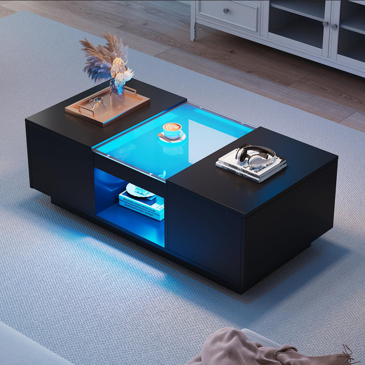 Merax Couchtisch LED Hochglanz, Mitteltisch Teetisch für Wohnzimmer, Schwarz Wohnzimmertisch mit 2 S