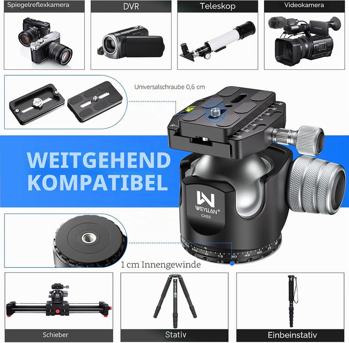WELLAN Kugelkopf Stativkopf,Heavy Duty 360 Panorama-Stativkopf, CNC Aluminiumlegierung Stativ-Kamera