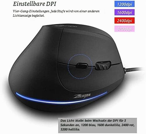 zelotes Ergonomische Maus,3200 DPI,6 Tasten,Vorbeugung Gegen Mausarm,USB Optische Vertikale Maus mit