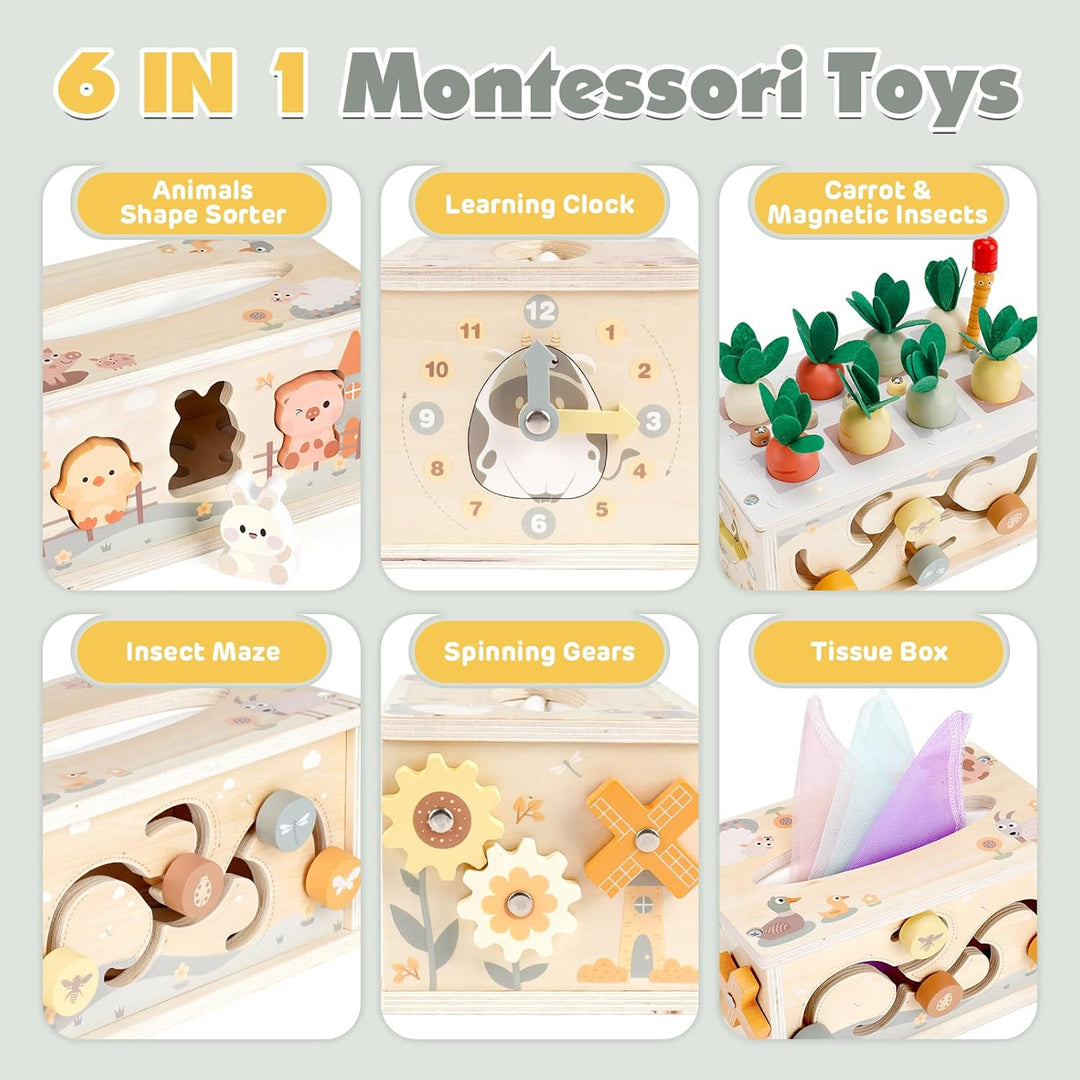 Vanplay Montessori Spielzeug Baby 12 Monate, 6 in 1 Tücherbox Baby Spielzeug ab 1 Jahr, Holzspielzeu