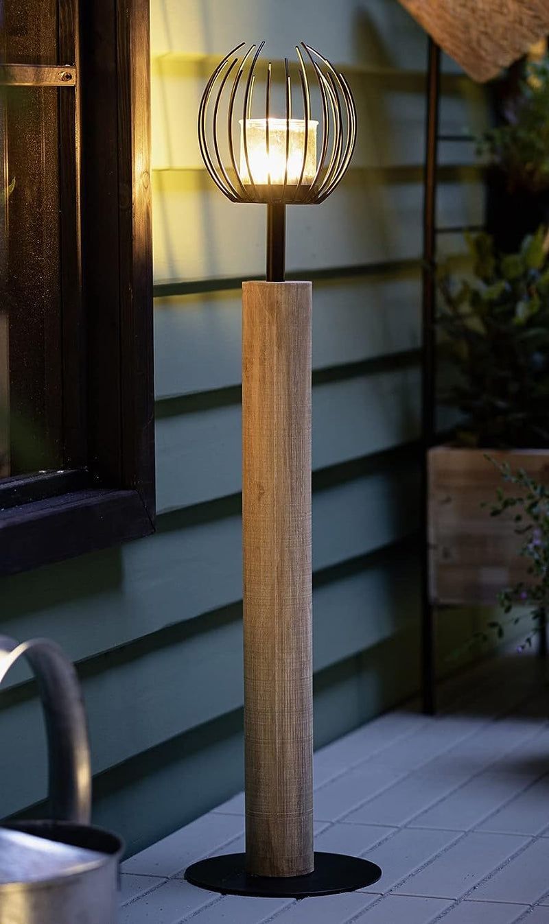 Windlichtsäule Kugel aus Holz & Metall, 85 cm hoch, Holzsäule, Dekosäule mit Windlichtglas, Deko für
