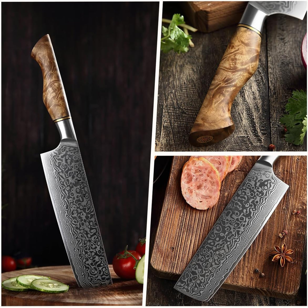 HEZHEN 18CM Japanischer Stil Damast Nakirimesser, Küchenmesser 67 Schicht Damaskus Stahl Kochmesser,