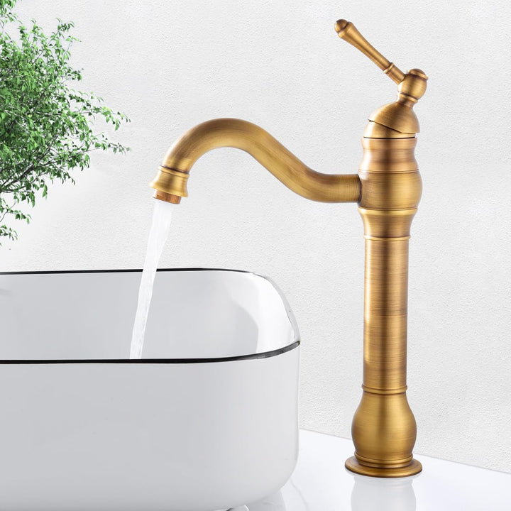 ROWINNAO Wasserhahn Bad Hoch Antikes Messing, Retro Gold Waschtischarmatur Hoch, 360° Schwenkbar Ein