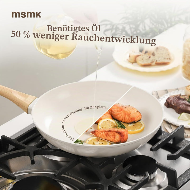 MSMK 28cm Keramik-Antihaft-Bratpfanne mit Deckel und weissem Schlitzwender, Holzmaserungsgriff, PFOA
