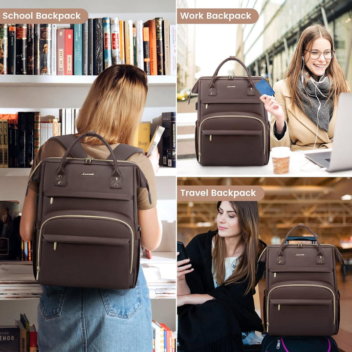 LOVEVOOK Rucksack Damen, Gross Wasserdicht 17 Zoll Laptoptasche Schulrucksack, PU Leder Schultasche