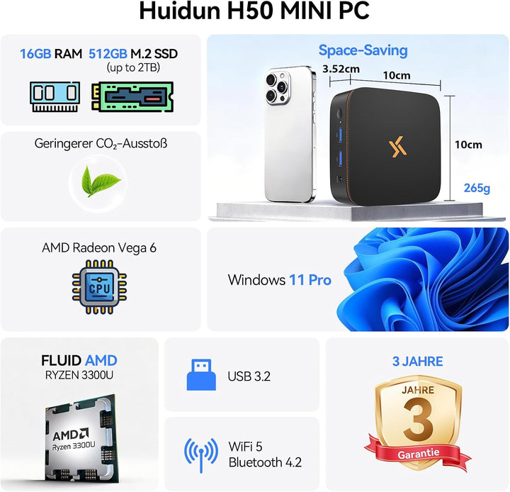 Huidun H50 Ryzen 3300U Mini PC Win 11 Pro(Bis zu 3.5GHz), 16GB DDR4 512GB SSD, USB3.2/Dual WiFi/DP+H