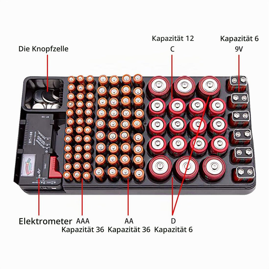 Batterie-Organizer, Aufbewahrungsbox mit Tester, hält 98 Batterien