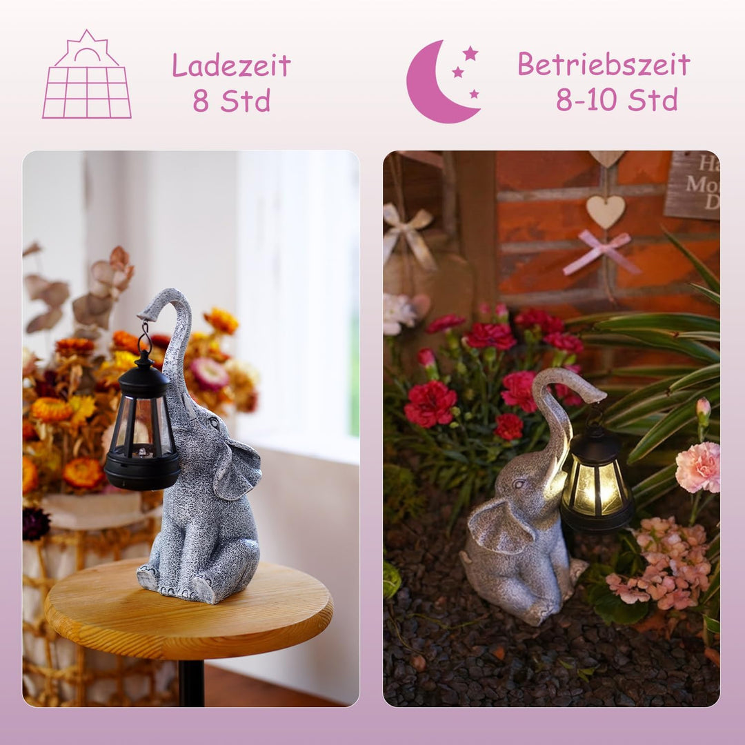 Elefanten Deko mit Solar Laterne Gartenfiguren - für Aussen Gartendeko mit Wetterfest LED Solarlampe