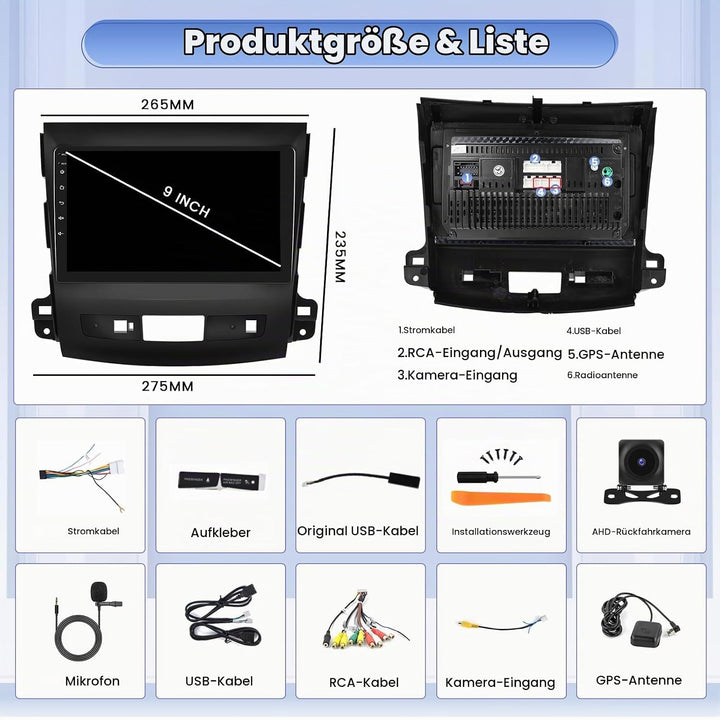 Hikity [8 Core 4+64GB] für Mitsubishi Outlander 2008-2015, 9" Bildschrim Auto Radio, Android 15 Auto