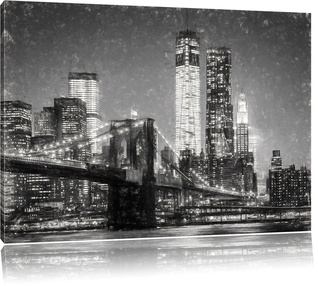Pixxprint Brooklyn Bridge bei Nacht als Leinwandbild/Grösse: 100x70 cm/Wandbild/Kunstdruck/fertig be