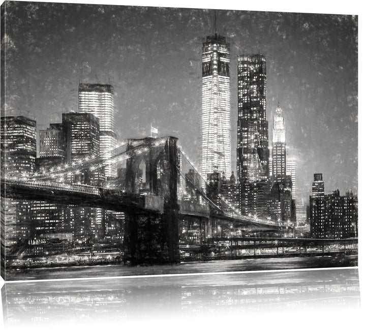 Pixxprint Brooklyn Bridge bei Nacht als Leinwandbild/Grösse: 100x70 cm/Wandbild/Kunstdruck/fertig be