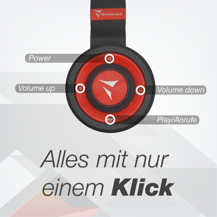 Techmade TM-046 Bluetooth-Kopfhörer – Faltbar, Over-Ear, Mikrofon, FM-Radio, SD-Karten-Slot, (rot)