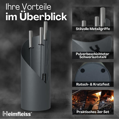 Heimfleiss® Kaminbesteck Grau Modern | Kaminzubehör mit Edelstahl Griffen | Ofenbesteck Kaminbesteck