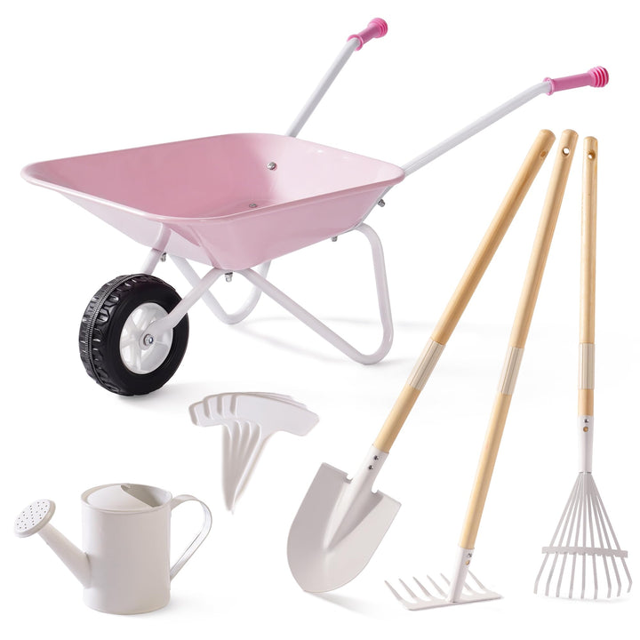 ROBUD Kinderschubkarre Metall mit Gartengeräte Set, 6-teilig Kinderschubkarre mit Langer Schaufel, R