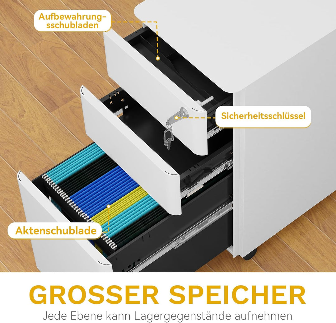 DWVO Mobile Aktenschrank 3 verschliessbare Schubladen, Metall Aktenschrank für Home Office, Unter Sc