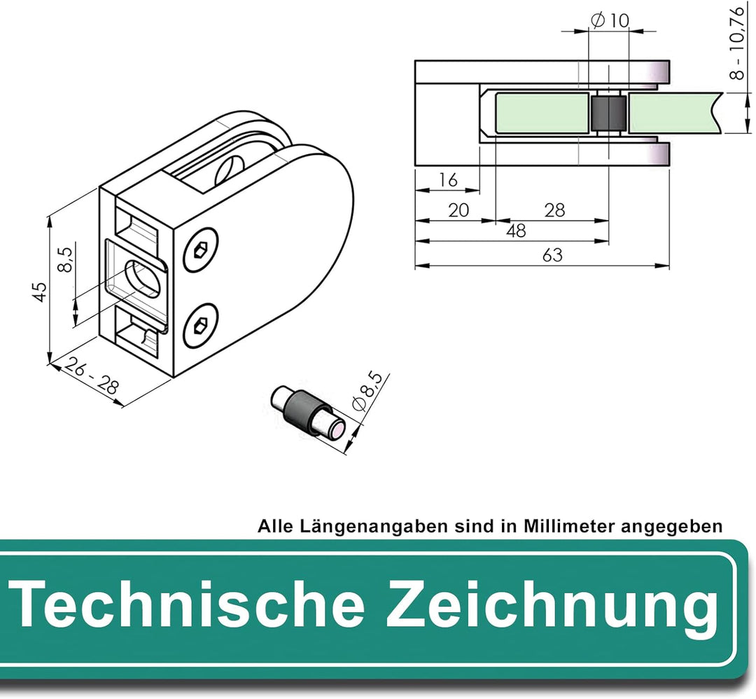 PRIOstahl Glashalter 4 Stück Glasklemmen Klemmhalter Glasplattenhalter 63 x 45 x 26-28 mm mit Sicher