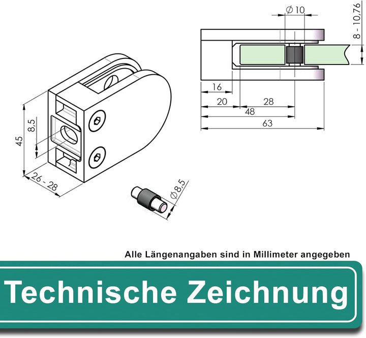 PRIOstahl Glashalter 4 Stück Glasklemmen Klemmhalter Glasplattenhalter 63 x 45 x 26-28 mm mit Sicher