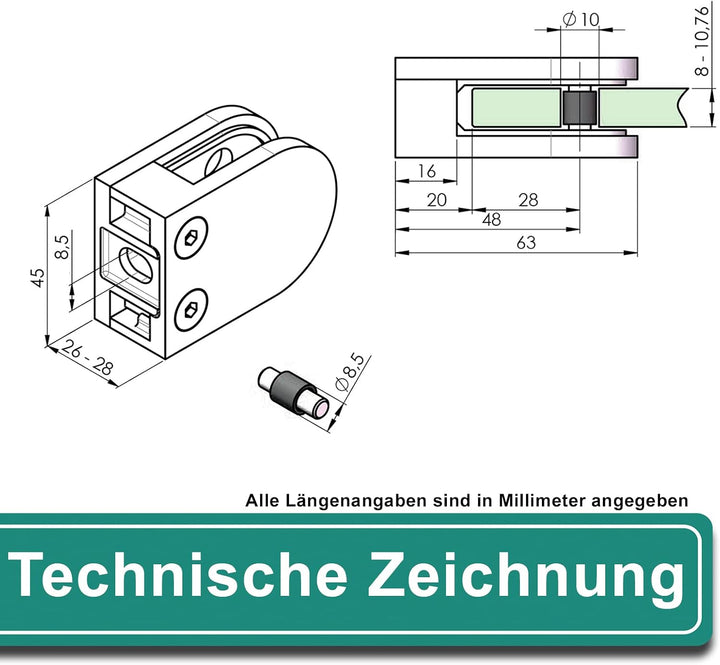 PRIOstahl Glashalter 4 Stück Glasklemmen Klemmhalter Glasplattenhalter 63 x 45 x 26-28 mm mit Sicher