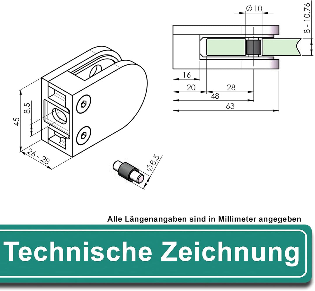 PRIOstahl Glashalter 4 Stück Glasklemmen Klemmhalter Glasplattenhalter 63 x 45 x 26-28 mm mit Sicher