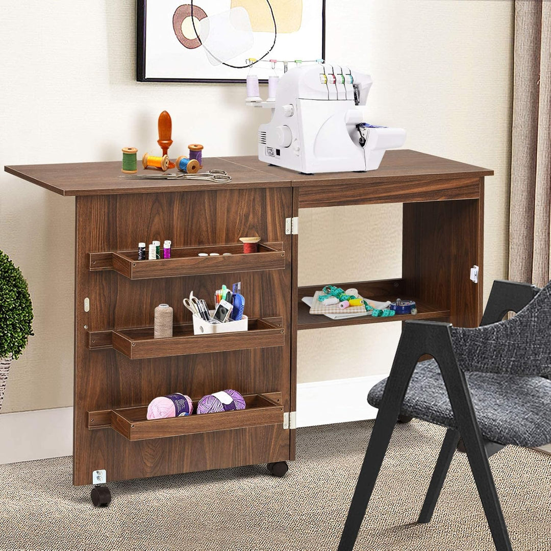 COSTWAY 2 in 1 Nähschrank & Schreibtisch klappbar, Nähtisch aus Holz mit 3 Einlegeböden für Spulen &