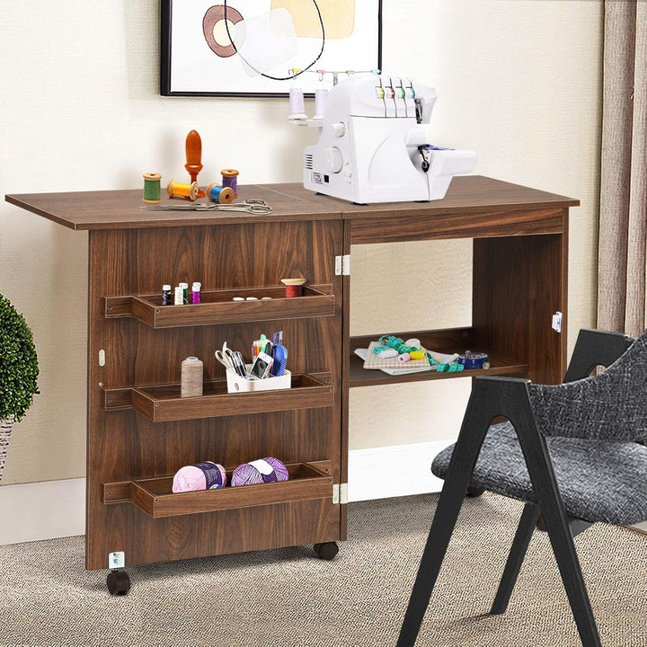 COSTWAY 2 in 1 Nähschrank & Schreibtisch klappbar, Nähtisch aus Holz mit 3 Einlegeböden für Spulen &