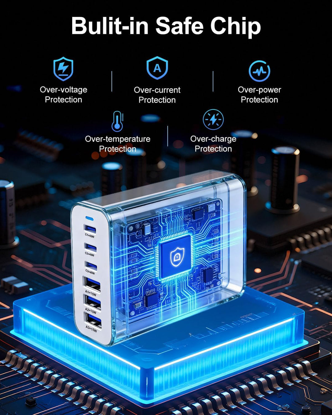 6 Ports Ladestation Schnellladegerät, 165 W USB C Schnelllade Netzteil, PD Power GaN Ladegerät kompa