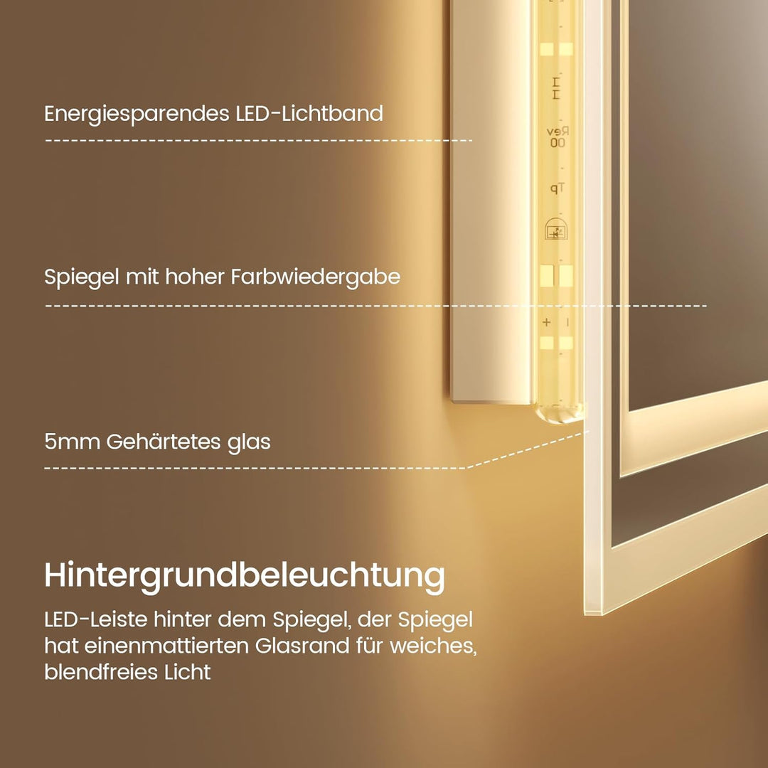 EMKE Badspiegel mit Beleuchtung 80x60cm, Badezimmerspiegel mit Warmweiss Licht 3000K, Wandschalter,