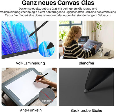 HUION KAMVAS Pro 19 4K Grafiktablett mit UHD Touchscreen Display, 96% Adobe RGB-Zeichenmonitor mit 1