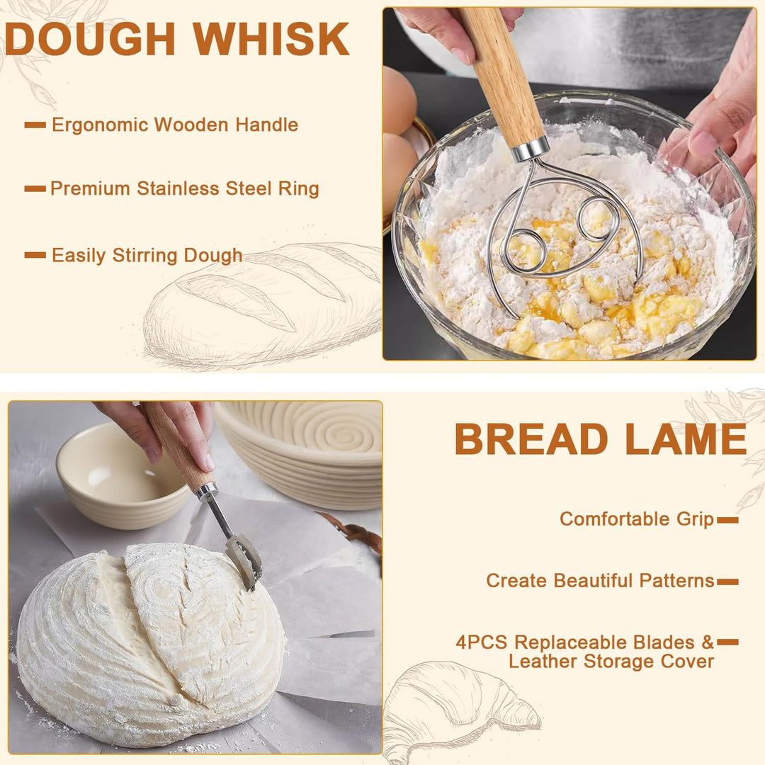 25 teilig Gärkorb Brot Set, 23 cm Gärkörbchen rund und Komplettset Brotbackzubehör, Brotbackset Brot