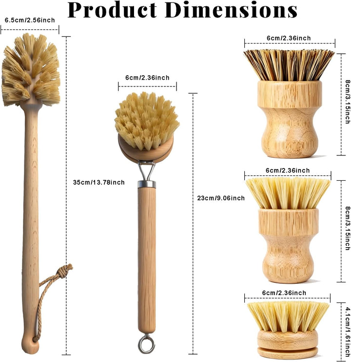 5 Stück Bambus Spülbürsten-mit Spülbürste Holz, 14’’ Flaschenbürste, Ersatzköpfen, Abwaschbürste*2 -