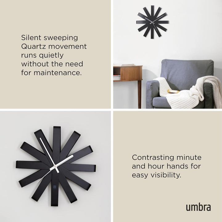 Umbra Ribbon Wanduhr, Moderne Quarz Wanduhr aus gebogenem Metall für Küche, Büro und Schlafzimmer, 3