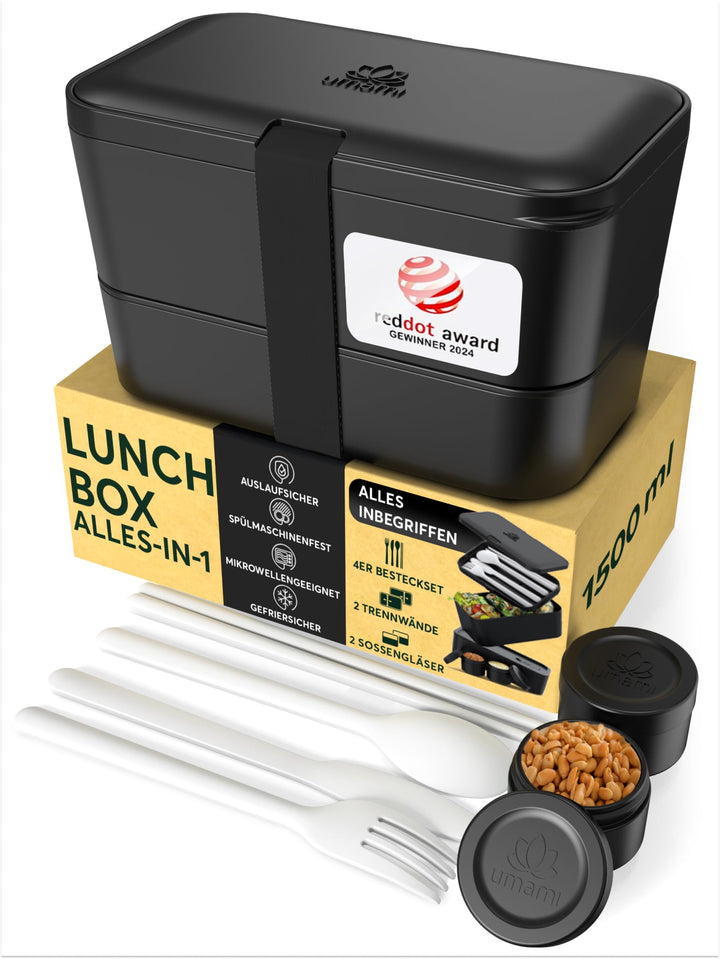 Umami Lunchbox Erwachsene, Verschachtelbar Auslaufsichere Bento Box mit 4 Bestecke &amp; Fächern, Brotdo