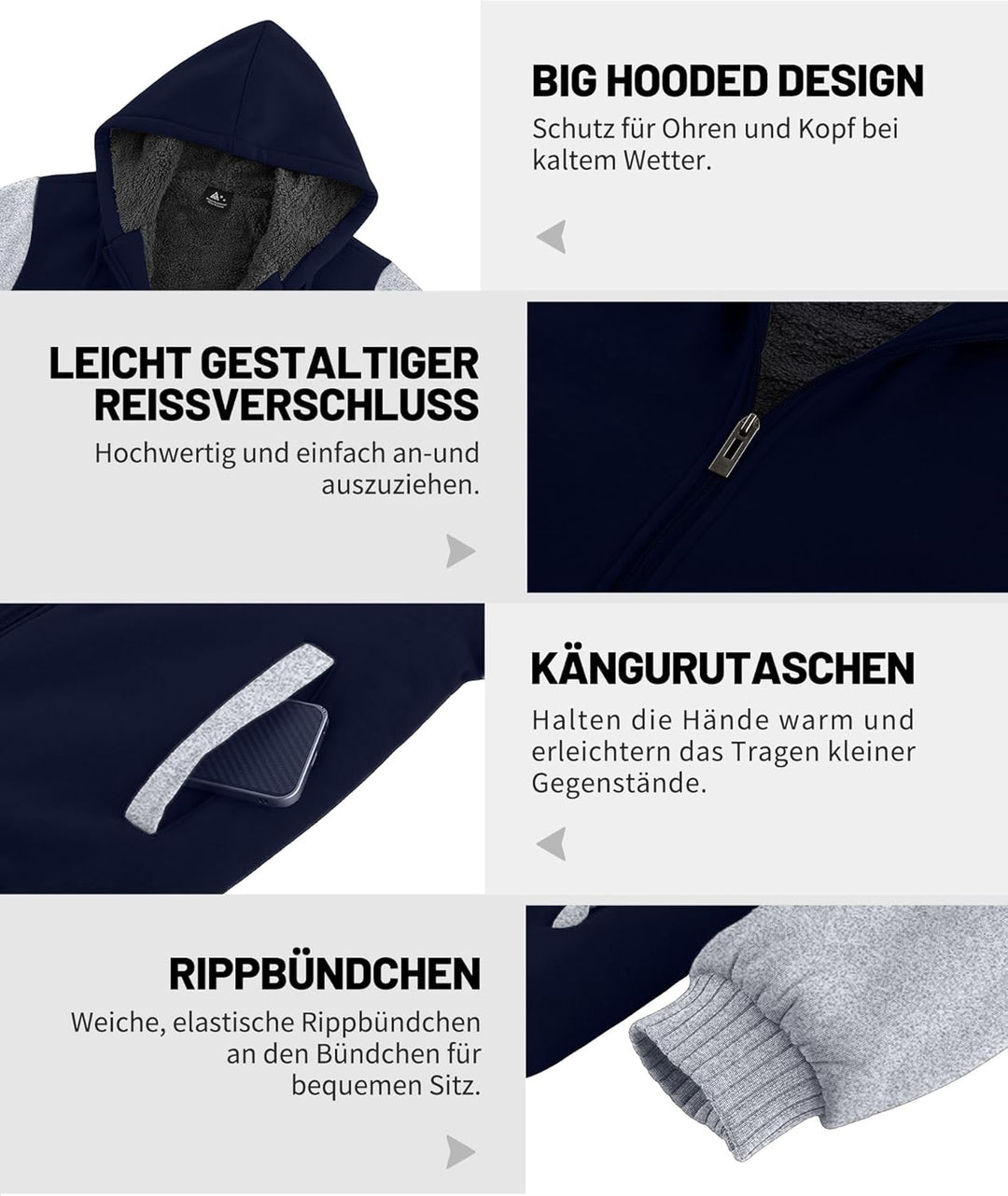 JACKETOWN Herren Sweatshirt Gefüttert Hoodie Reissverschluss Sweatjacke Warm Fleece Winterjacke Tedd